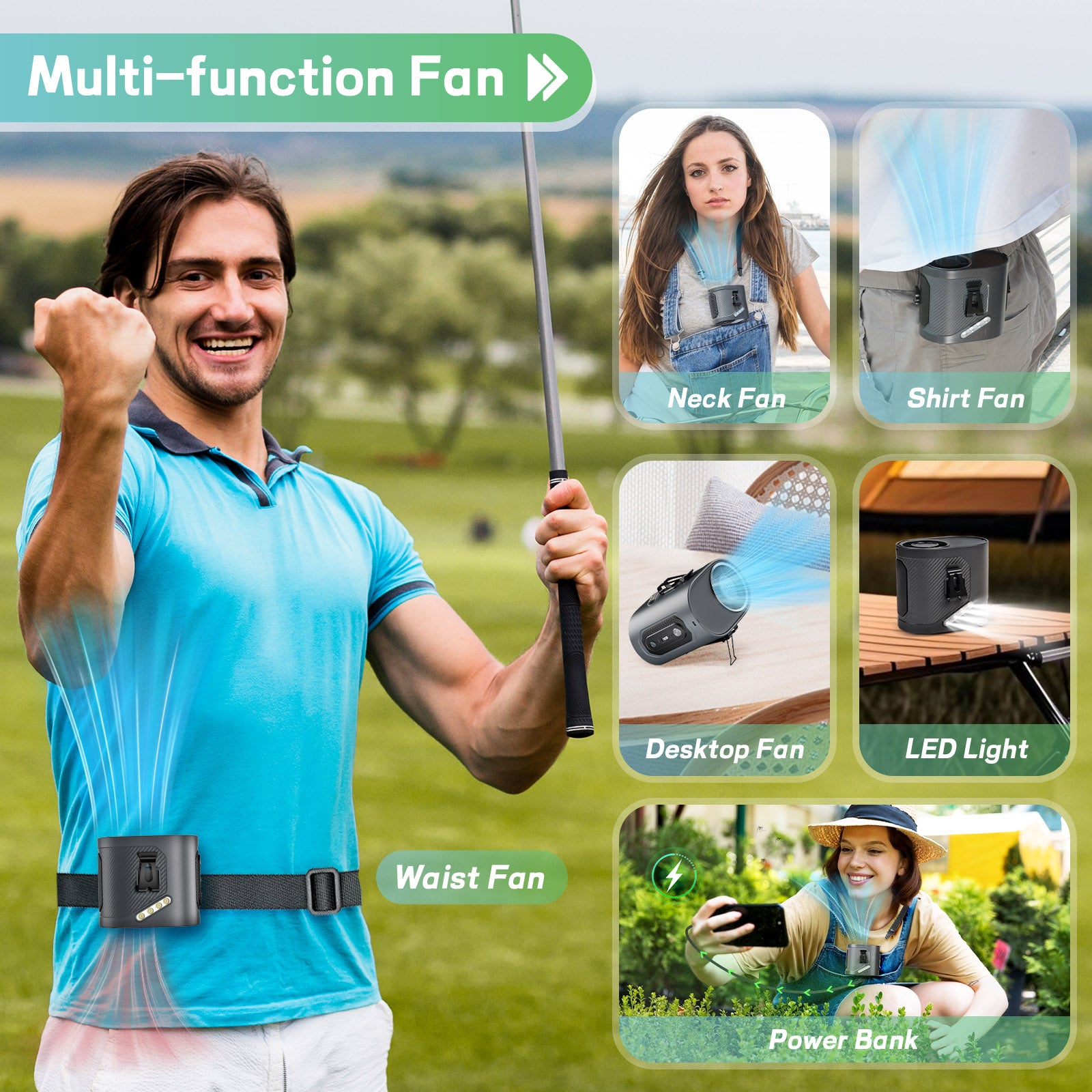 Portable Waist Fan Clip on - Wearable Belt Personal Fans, Hands Free Air Cooler of Neck/Shirt, 100 Speed|Flashlight Rechargeable, Built in Type-C Cable, for Outdoor Job Camping Travel Essentials Gift